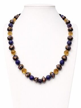 Black Wedding Cake Bead Necklace Citrine Faceted Hand Knotted 20 Inch